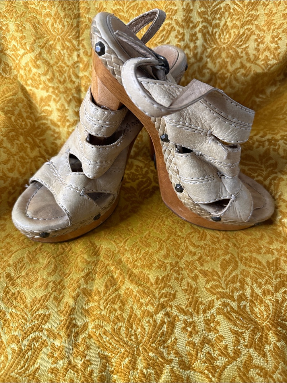 Frye Beige Leather Braided Wood-Platform Slingback Heels